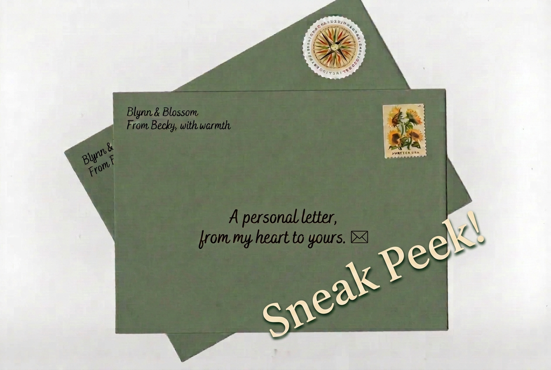 Two sage-green Blynn & Blossom envelopes with the words “A personal letter, from my heart to yours” and cream “Sneak Peek” lettering.